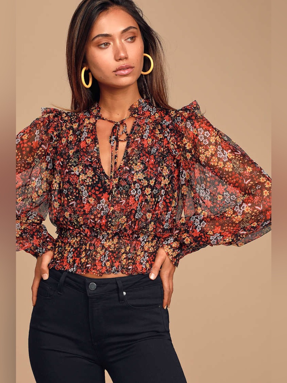 Twyla Sheer Black Floral Print Romantic Smocked Long Sleeve Crop Top Sz M
